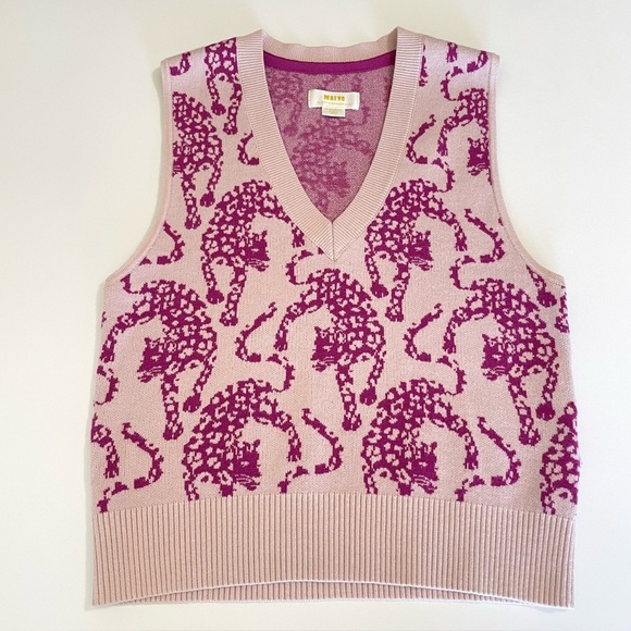 Anthropologie Maeve Jacquard Sweater Vest V Neck Pink Jaguar Cat Print XS - Picture 12 of 15